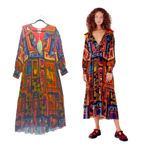 FARM Rio Dresses & Skirts - NWT S Farm Rio Tapestry Portrait Maxi Dress Midi Ankle Long Sleeves